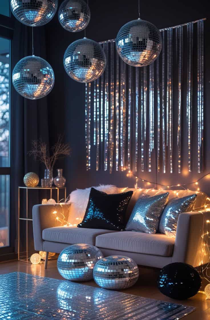 Glitzy Disco Fever Theme New Year Decoration Ideas at Home