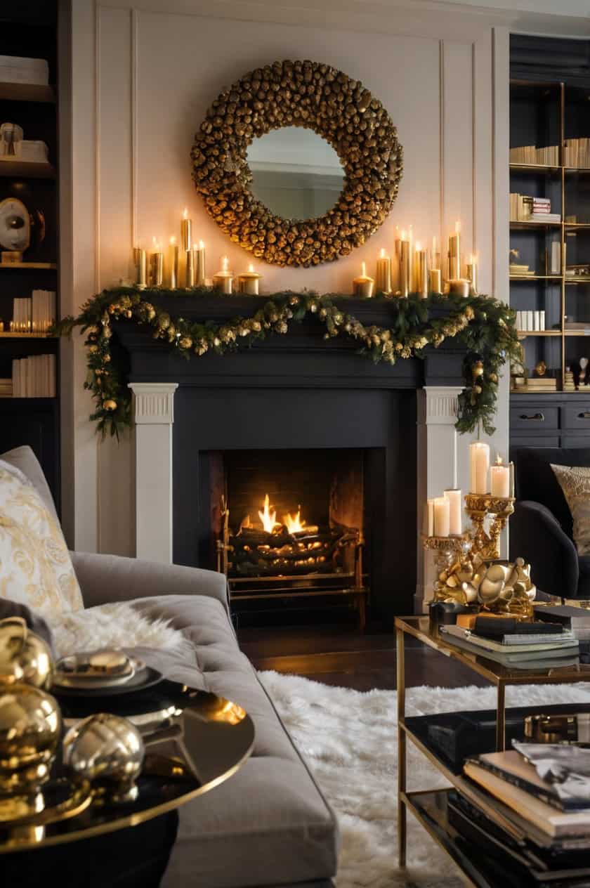 Luxe Gold And Black Cozy Christmas Fireplace Decoration