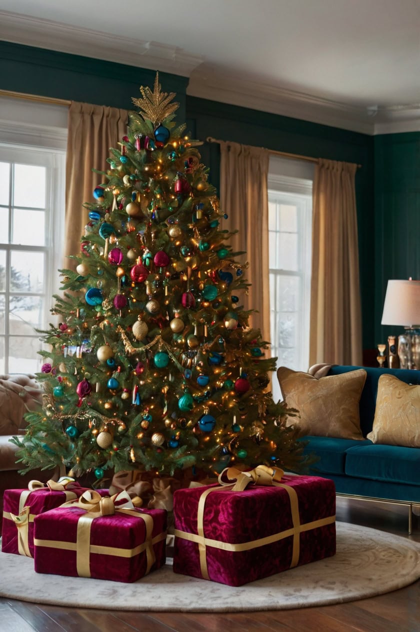 Luxurious Velvet And Jewel Tones Living Room Elegant Christmas Tree Decorating Ideas