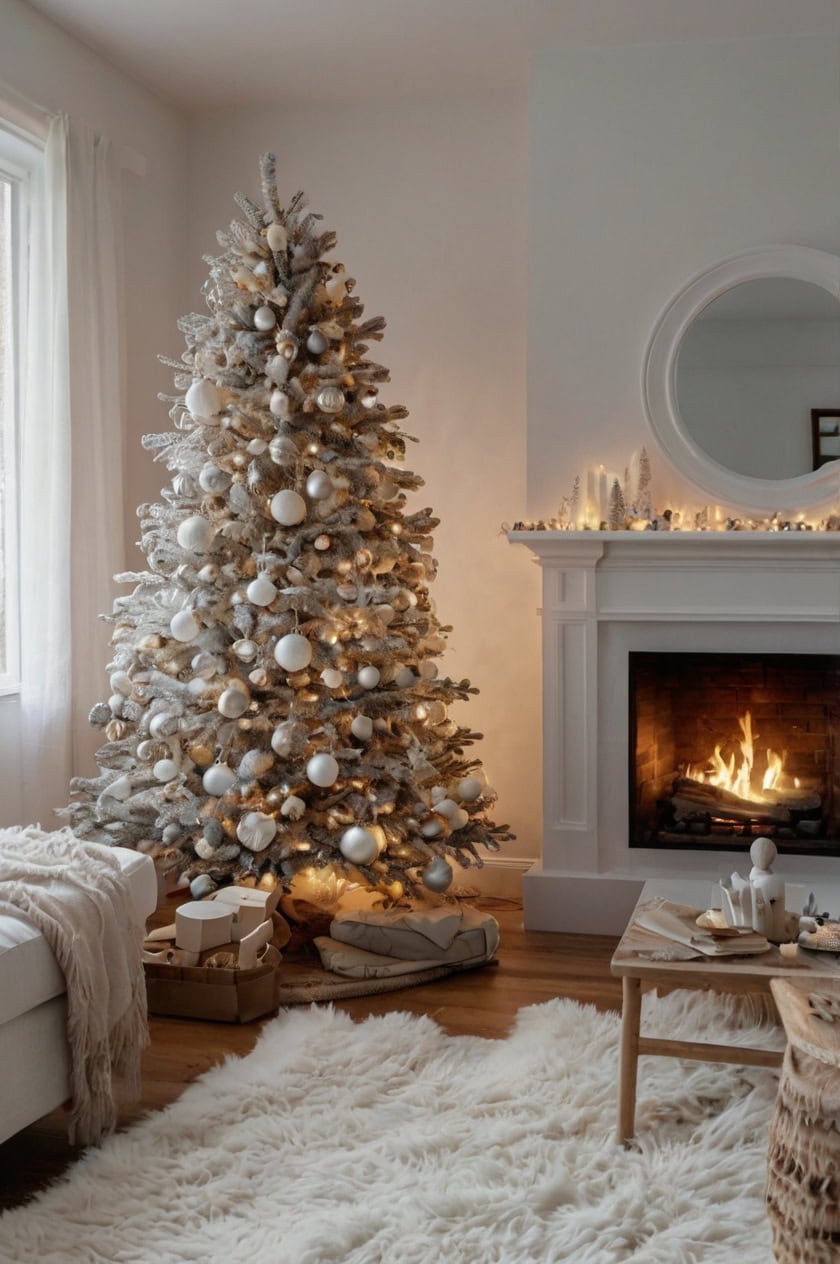 Minimalist White Wonderland Christmas Living Room Decor Ideas