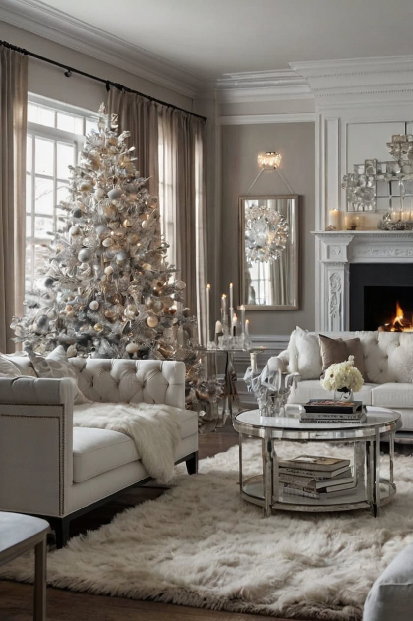 Modern Frosted Elegance White Christmas Living Room Decor Ideas