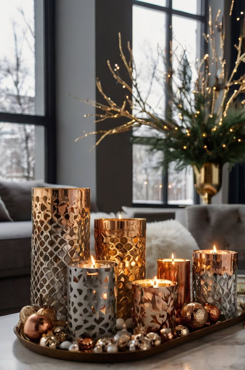 Modern Metallic Accents Living Room Window Christmas Decor Ideas