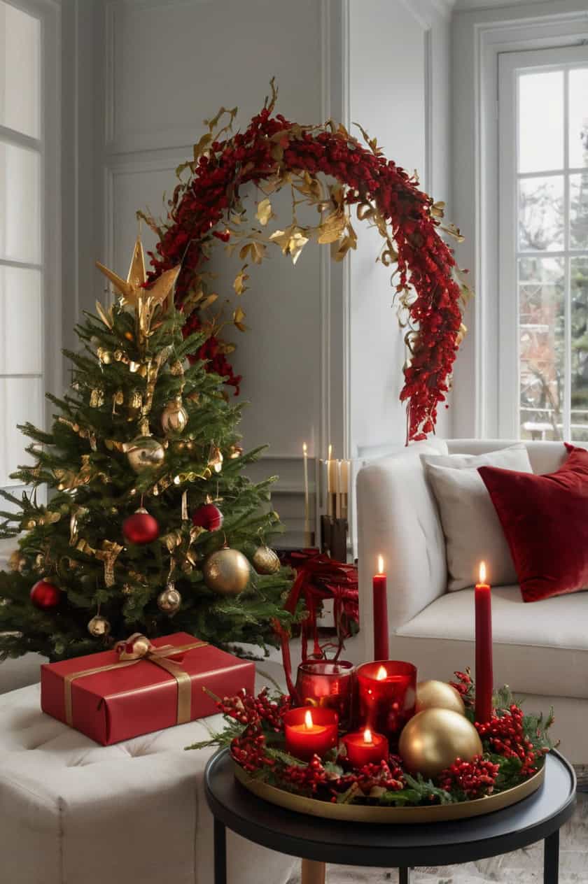 Modern Minimalist Red And Gold Christmas Decoration Ideas for Living Room