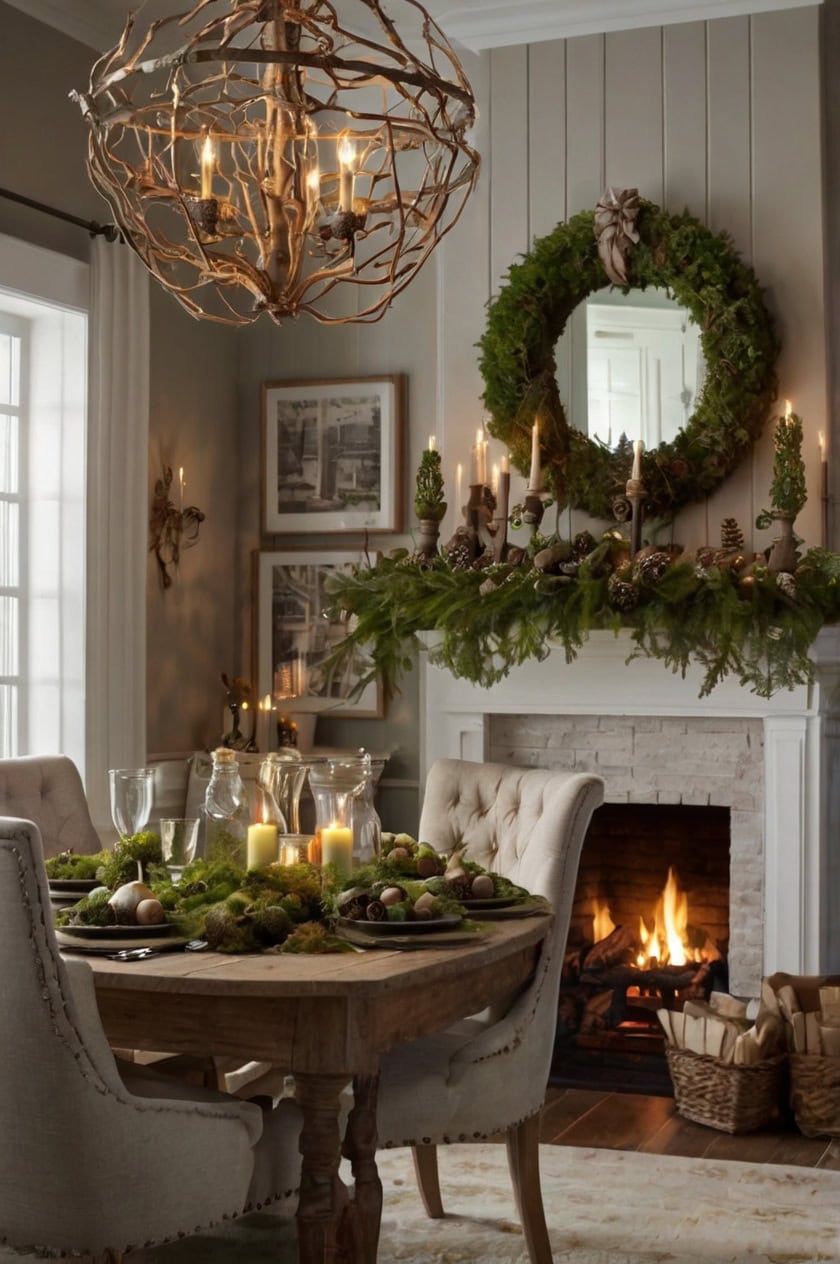 Nature Inspired Woodland Theme Christmas Decorating Ideas For Dining Room Chandelier