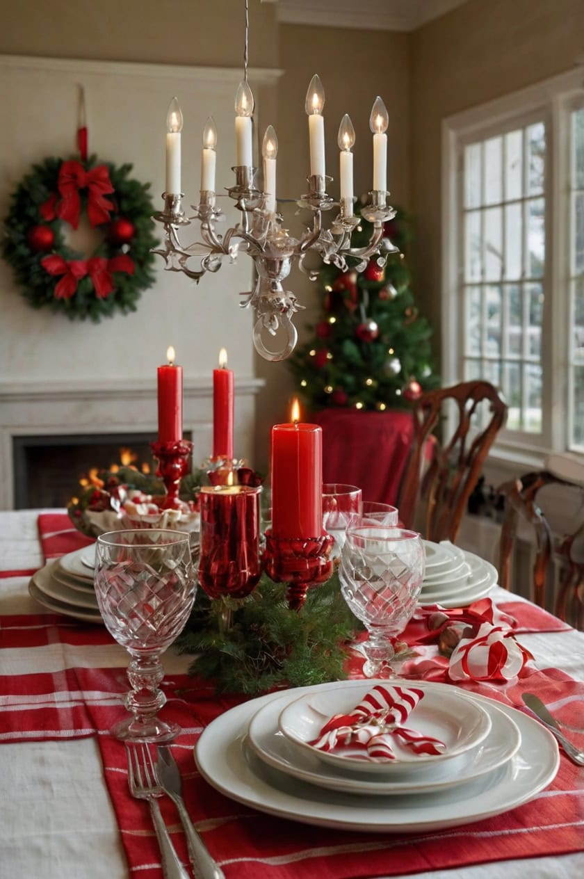 Red and White Cheer Dining Room Table Christmas Decoration Ideas