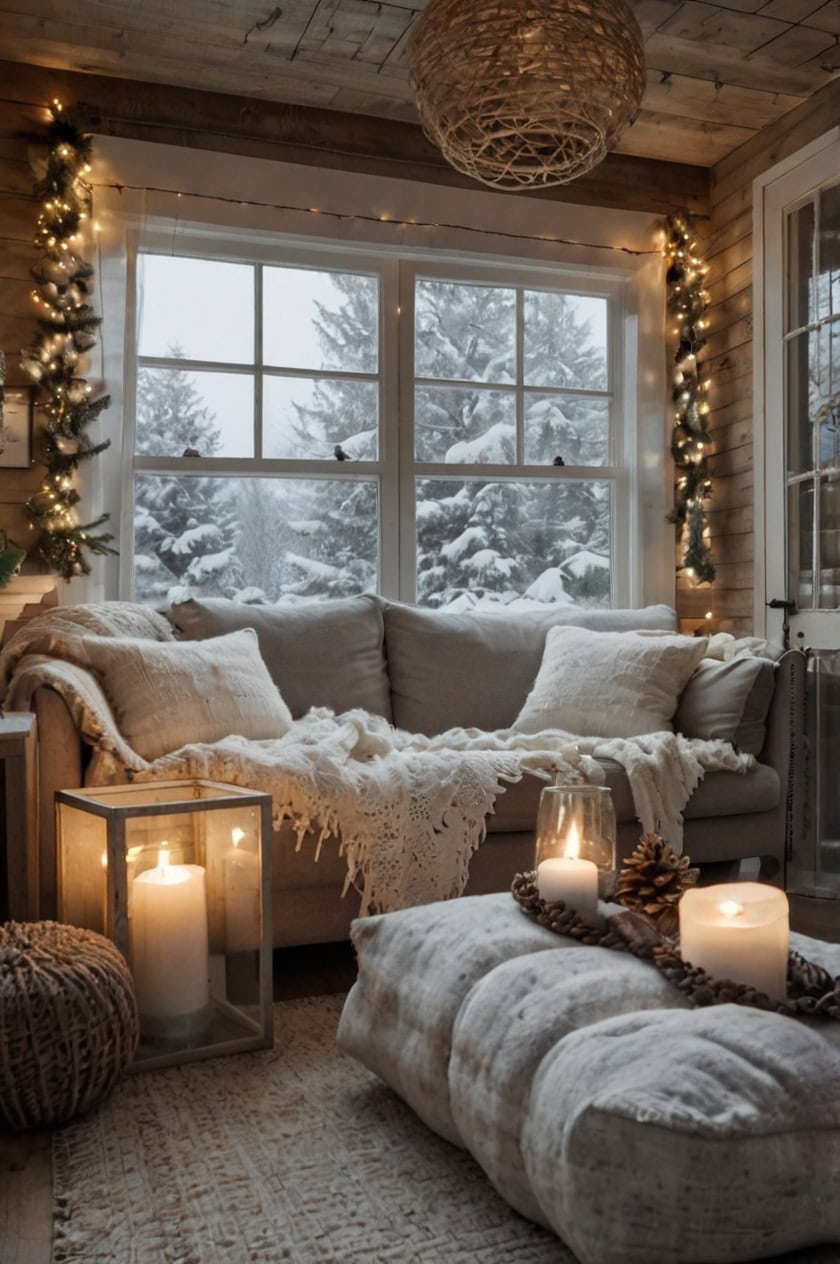 Rustic Snowy Retreat White Christmas Living Room Decor Ideas