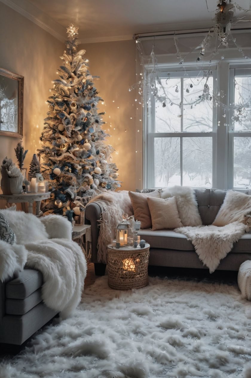 Snowy White Wonderland Christmas Apartment Room Decorating Ideas