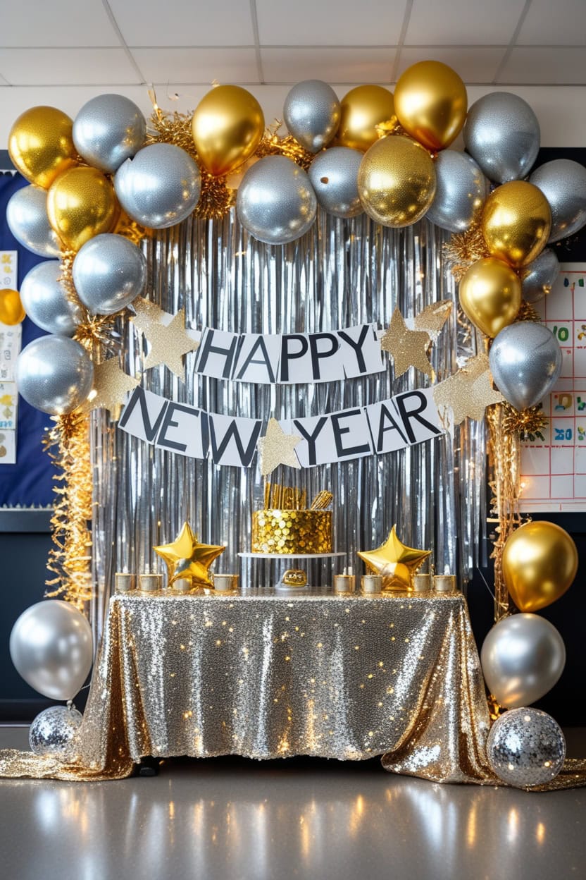 Sparkling Gold And Silver Glam New Year Decoration Ideas for Preschool