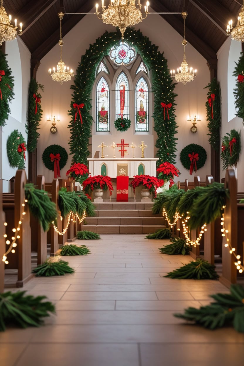 Traditional Festive Greenery New Year Decoration Ideas for Church