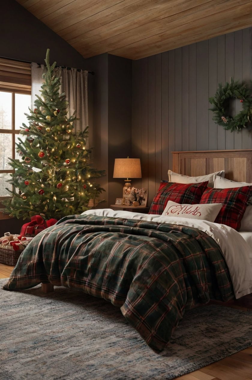 Traditional Plaid Cozy Christmas Bedroom Decor