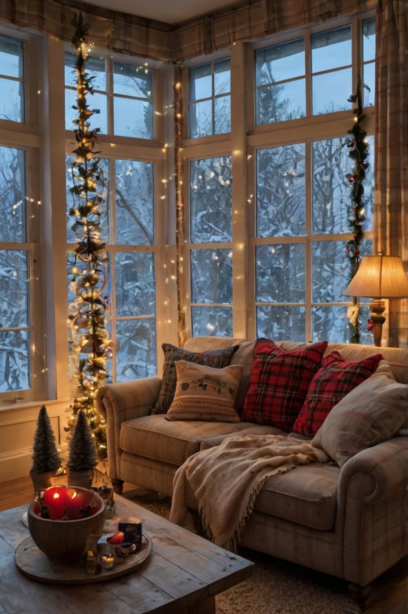 Traditional Plaid And Tartan Living Room Window Christmas Decor Ideas