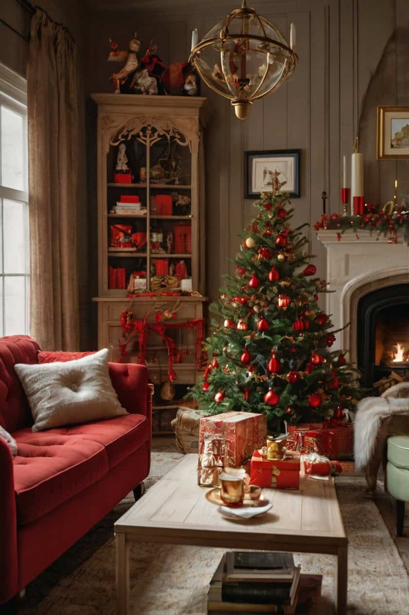 Traditional Red And Gold Christmas Theme Decoration Ideas for Living Room