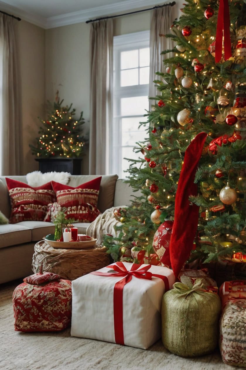 Traditional Red And Green Cheer Small Living Room Christmas Decorating Ideas