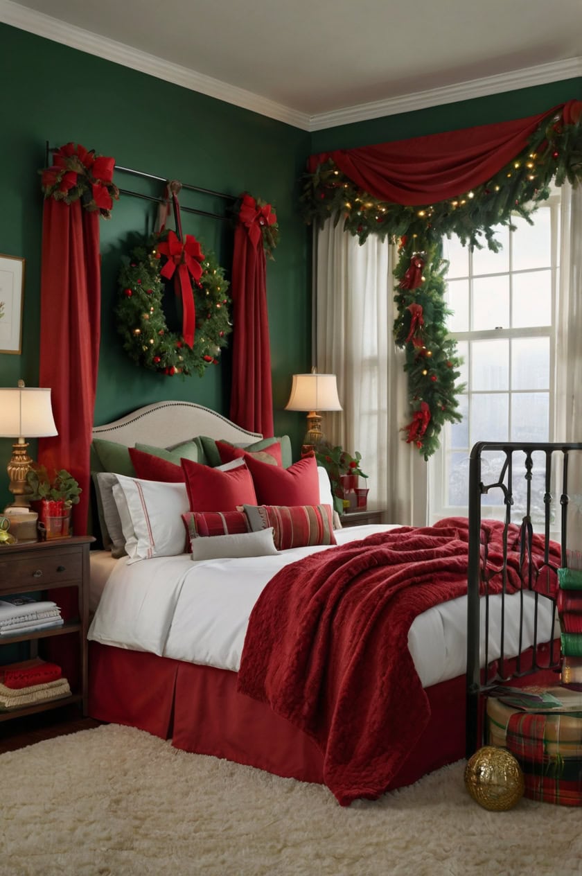 Traditional Red And Green Elegance Christmas Hotel Room Decoration Ideas