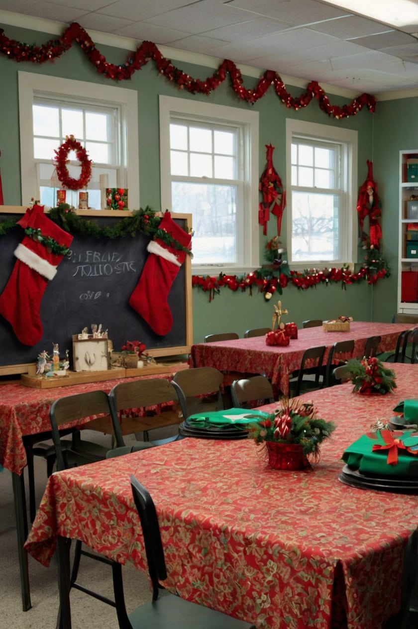 Traditional Red And Green Theme Class Room Decoration Ideas for Christmas