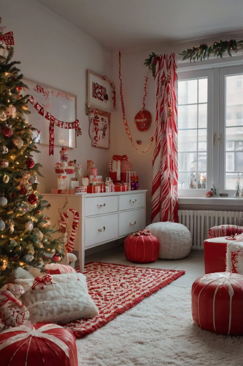 Vibrant Candy Cane Wonderland Christmas Apartment Room Decorating Ideas