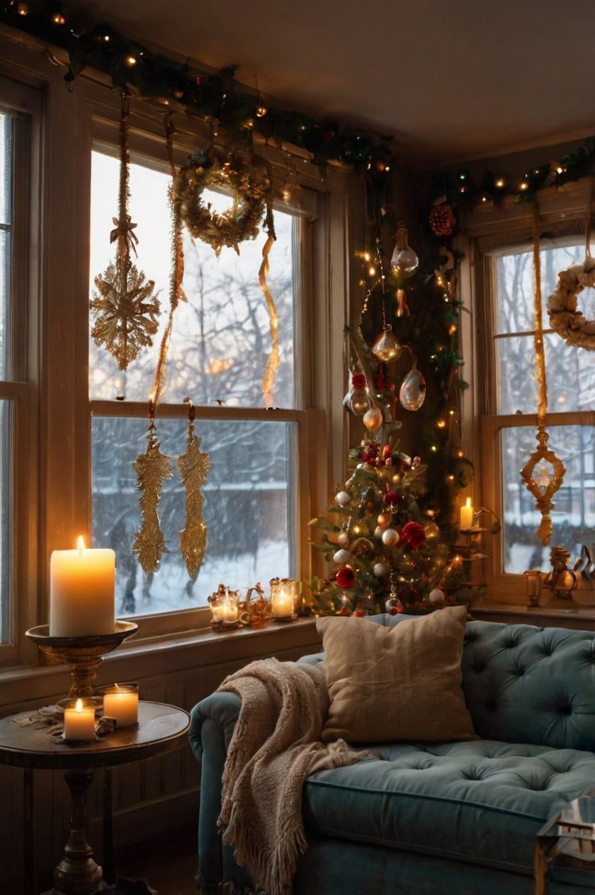 Vintage Glamour Living Room Window Christmas Decor Ideas