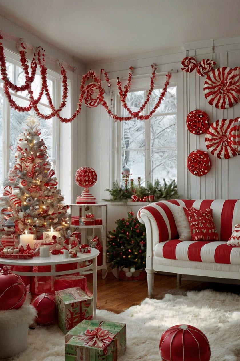 Whimsical Candy Cane Theme Christmas Decorating Ideas for Living Room Walls