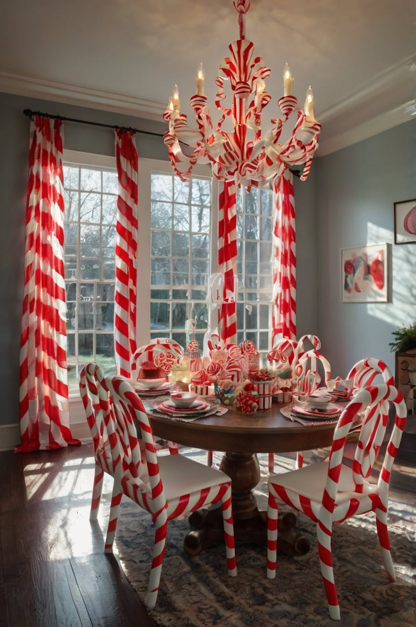 Whimsical Candy Cane Theme Christmas Decorating Ideas For Dining Room Chandelier