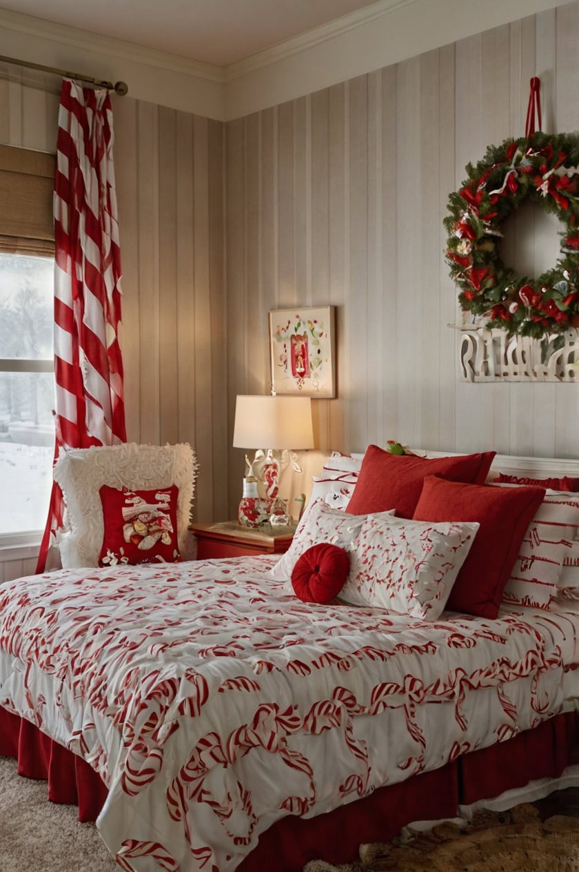 Whimsical Candy Cane Theme Christmas Hotel Room Decoration Ideas