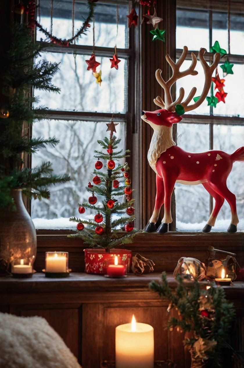 Whimsical Santa And Reindeer Living Room Window Christmas Decor Ideas