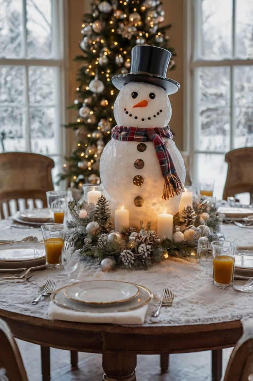 Whimsical Snowman Theme Oval Living Room Table Christmas Decoration Ideas