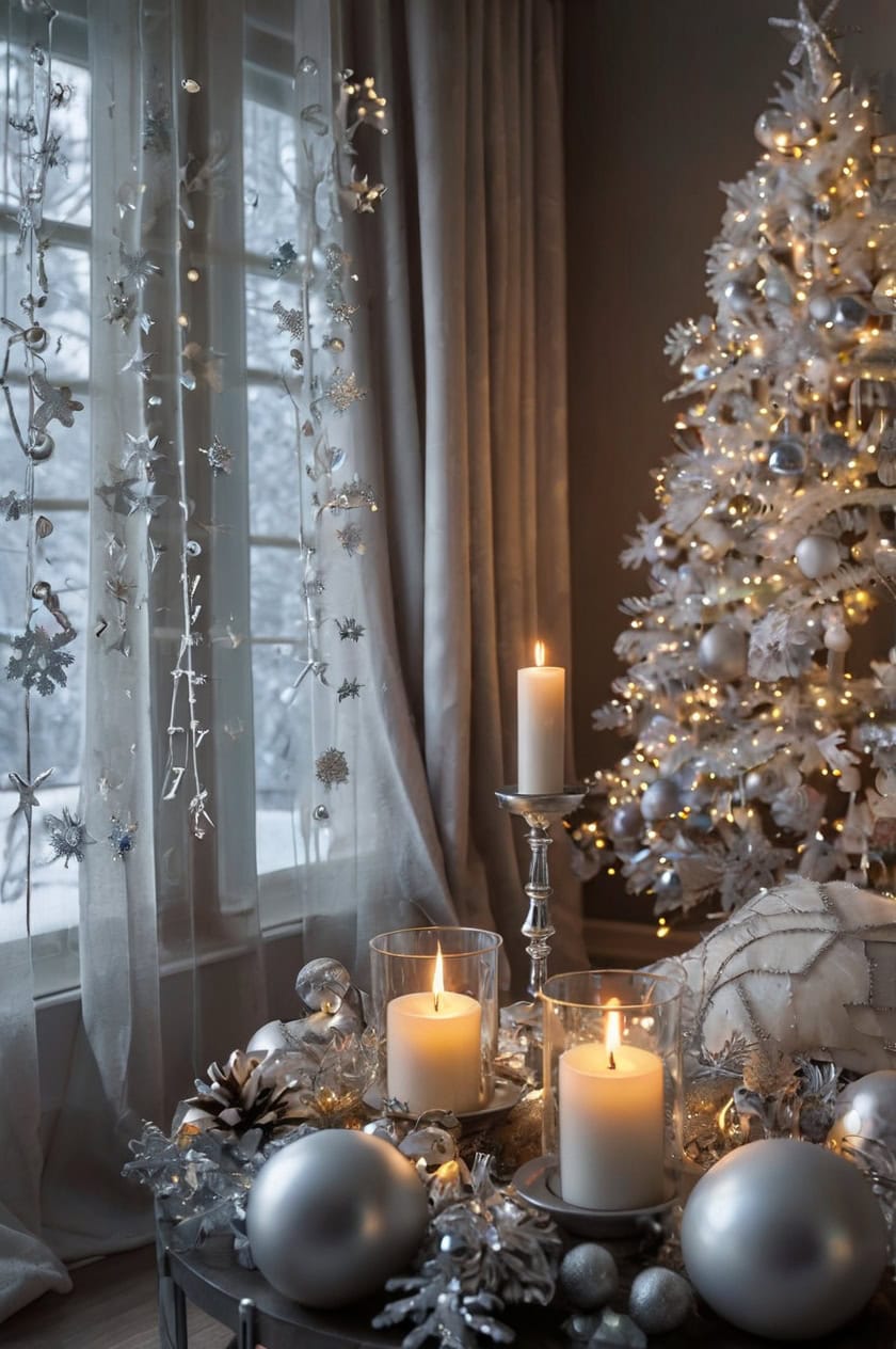 White And Silver Christmas Decor Living Room Ideas No Fireplace