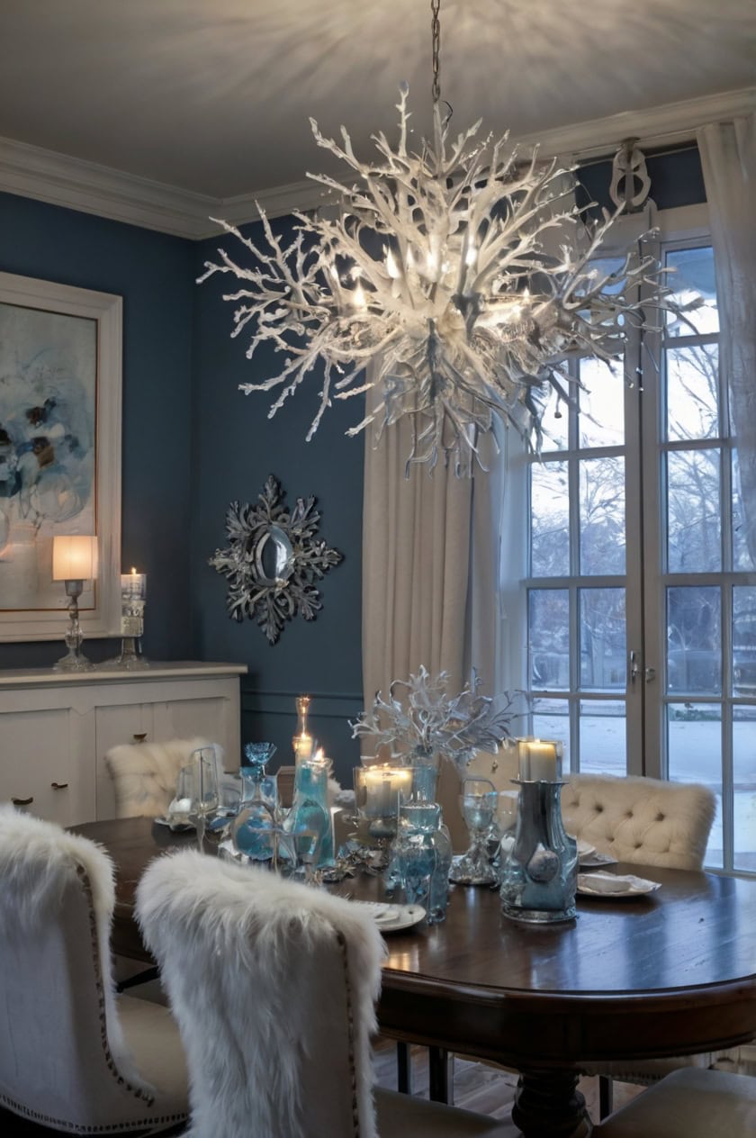 Winter Wonderland In White And Silver Christmas Decorating Ideas For Dining Room Chandelier