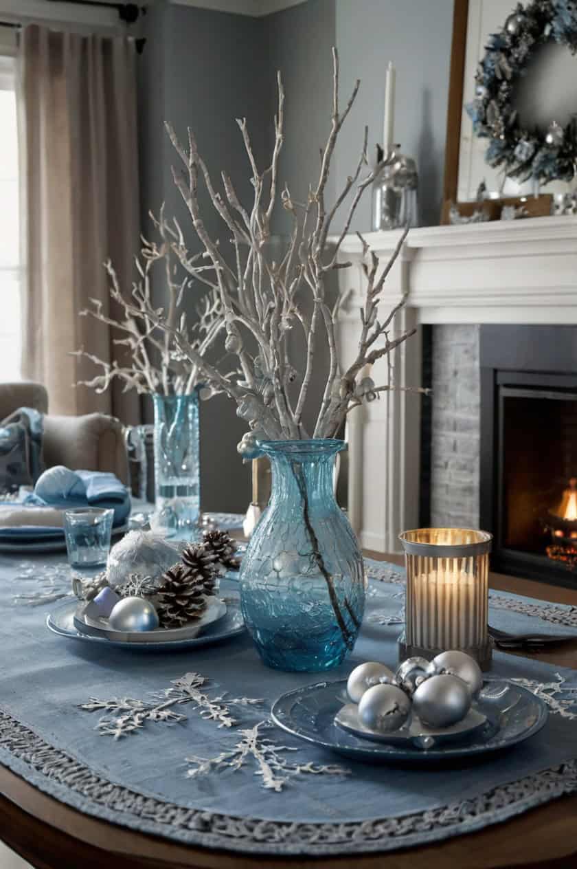 Winter Wonderland With Blue And Silver Oval Living Room Table Christmas Decoration Ideas