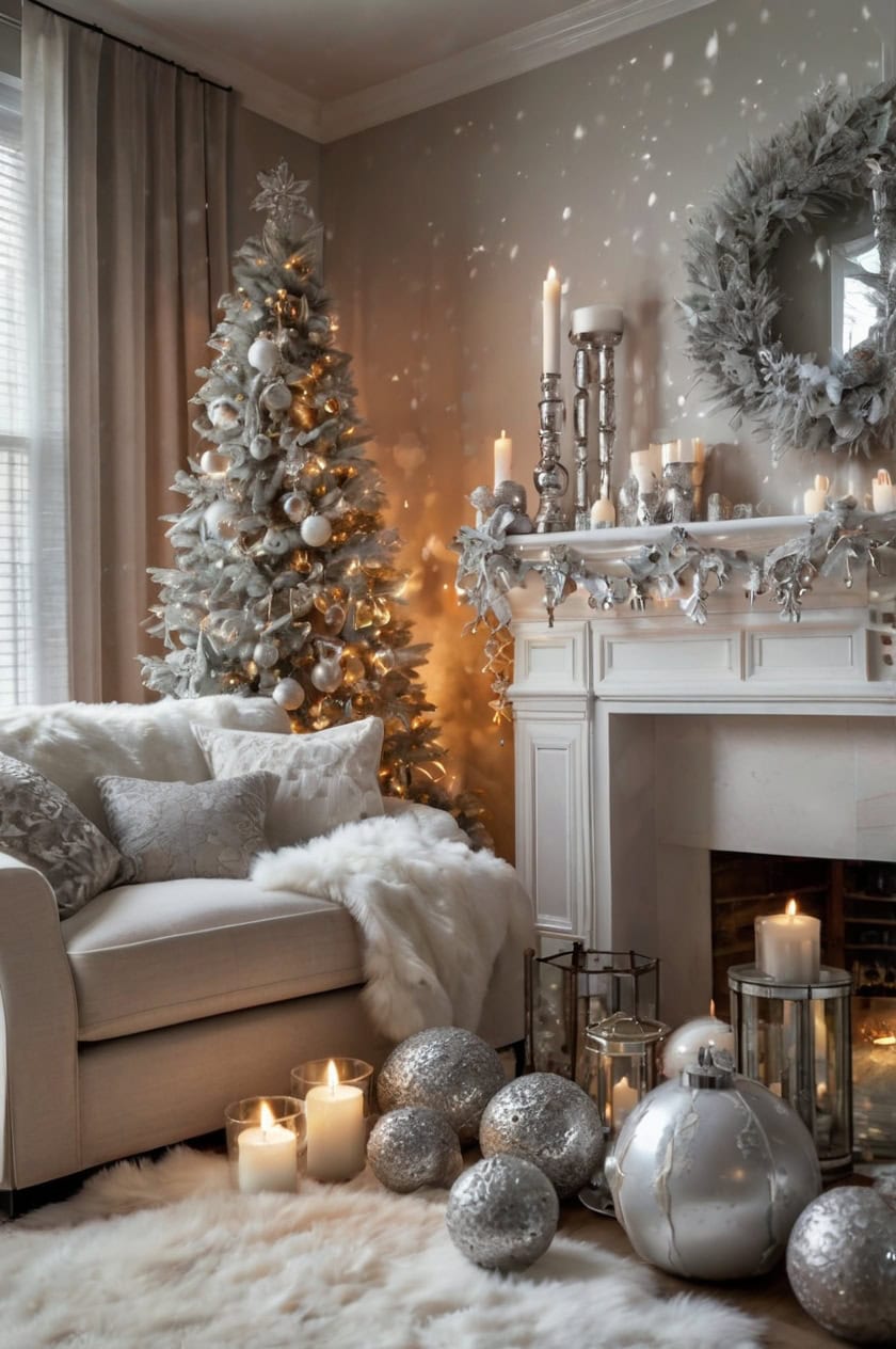 Winter Wonderland With Silver And White Family Room Christmas Decoration Ideas