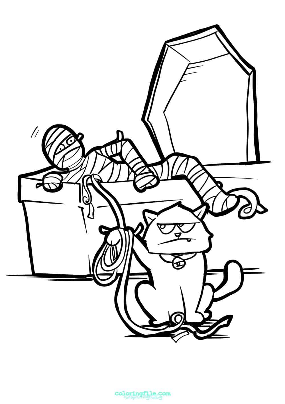 Halloween cat and mummy coloring pages