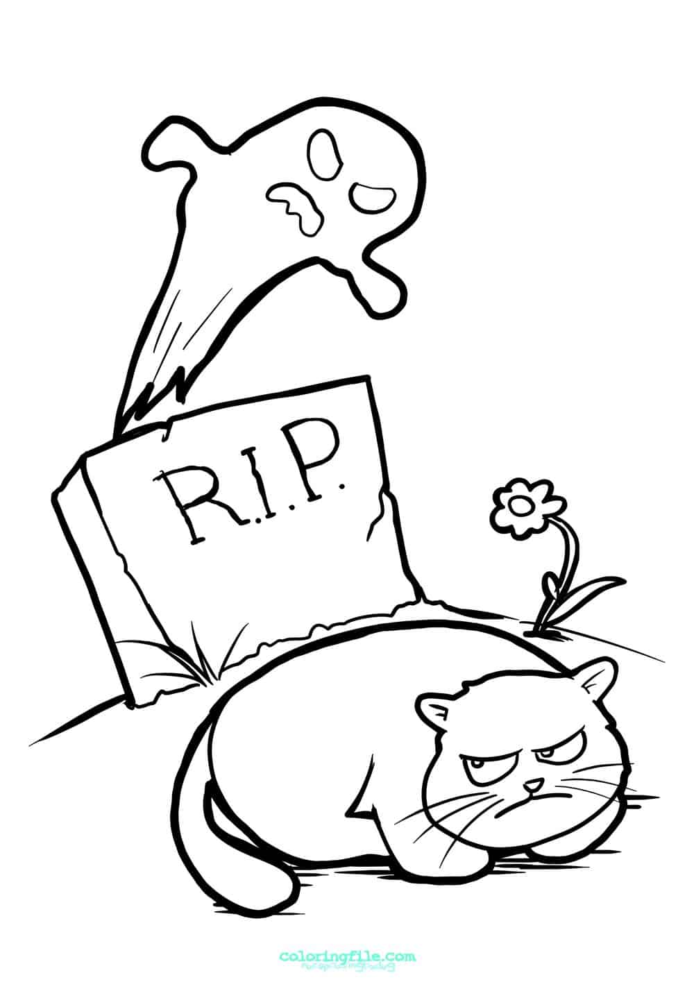 Halloween cat on a grave coloring pages