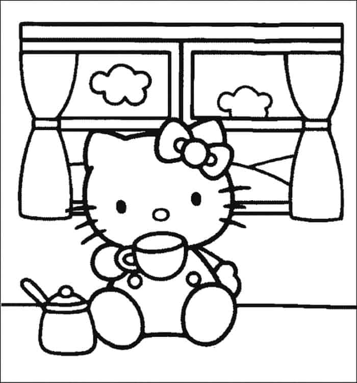 Hello Kitty Drinking Chocolate Coloring Pages