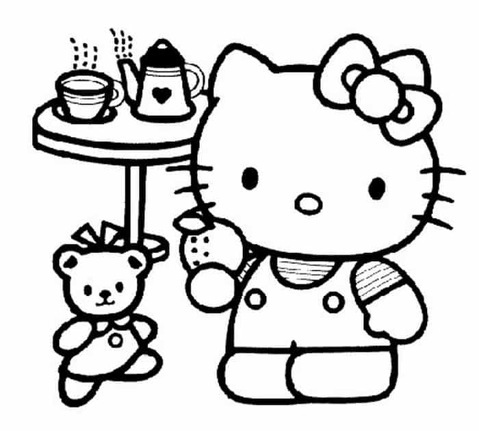 Hello Kitty Drinking Coffee Coloring Pages
